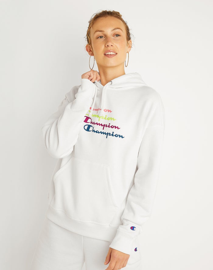 Champion Powerblend Fleece Relaxed Stacked Scripts Logo Hoodie Dames - Wit - Belgie 9785ABTXR